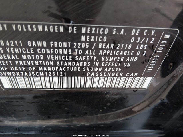 2012 Volkswagen Jetta 2.5l Se მანქანა იყიდება აუქციონზე, vin: 3VWDX7AJ5CM125121, აუქციონის ნომერი: 45650160
