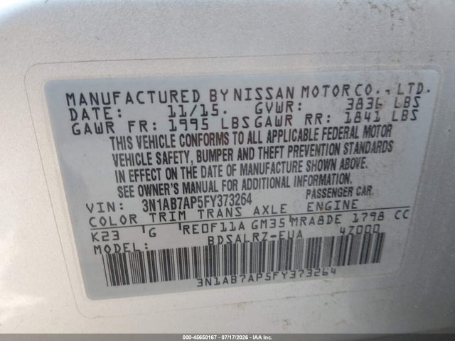 Aukcja sprzedaży 2015 Nissan Sentra Sr, vin: 3N1AB7AP5FY373264, numer aukcji: 45650167
