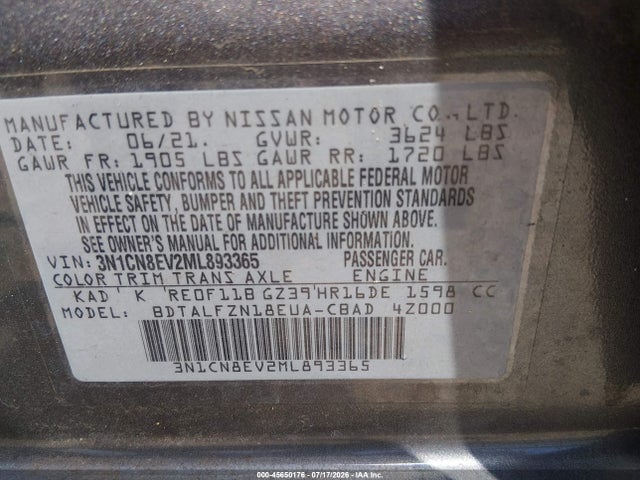 Aukcja sprzedaży 2021 Nissan Versa Sv Xtronic Cvt, vin: 3N1CN8EV2ML893365, numer aukcji: 45650176