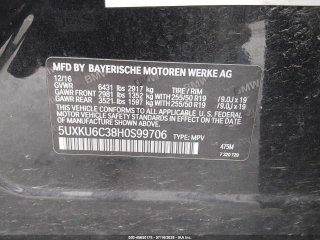 Aukcja sprzedaży 2017 Bmw X6 Xdrive50i, vin: 5UXKU6C38H0S99706, numer aukcji: 45650178