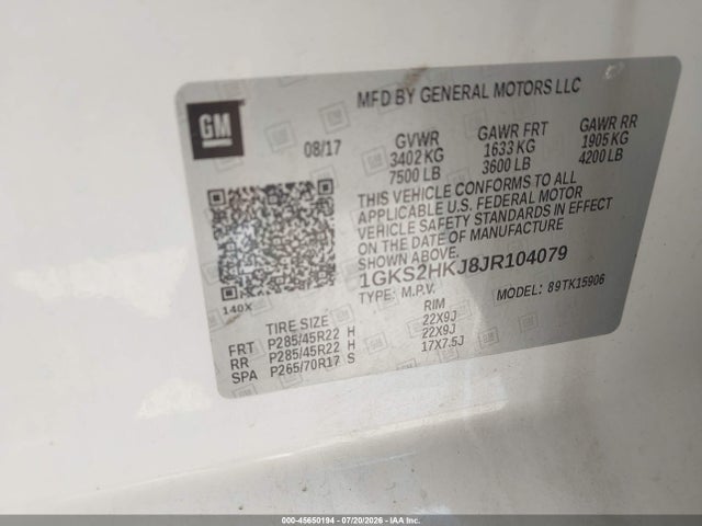 2018 Gmc Yukon Xl Denali მანქანა იყიდება აუქციონზე, vin: 1GKS2HKJ8JR104079, აუქციონის ნომერი: 45650194