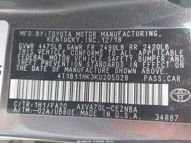 Toyota CAMRY LE 2019 4T1B11HK3KU205028 Image 9