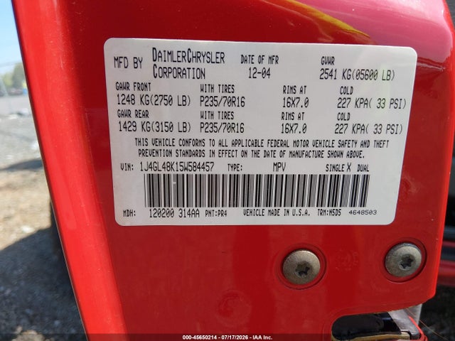 Aukcja sprzedaży 2005 Jeep Liberty Sport, vin: 1J4GL48K15W584457, numer aukcji: 45650214