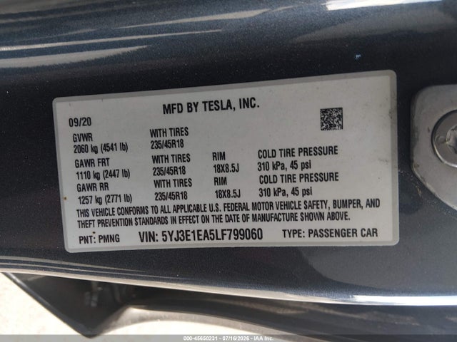 Продажа на аукционе авто 2020 Tesla Model 3, vin: 5YJ3E1EA5LF799060, номер лота: 45650231