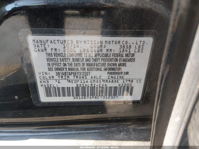 45650256 :رقم المزاد ، 3N1AB7AP8EY312327 vin ، 2014 Nissan Sentra Sr مزاد بيع