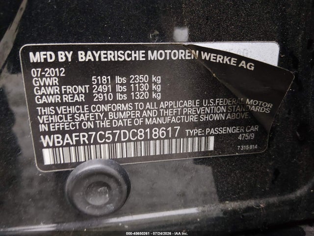 Продажа на аукционе авто 2013 Bmw 535i, vin: WBAFR7C57DC818617, номер лота: 45650261