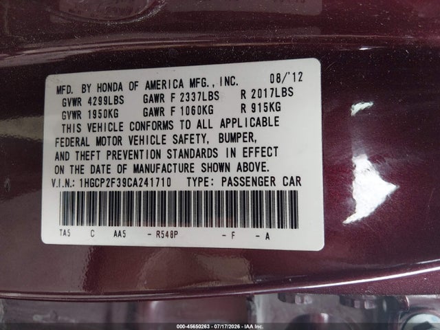 45650263 :رقم المزاد ، 1HGCP2F39CA241710 vin ، 2012 Honda Accord Sdn Lx مزاد بيع