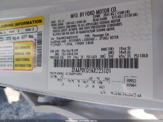 Продаж на аукціоні авто 2019 Ford Fusion Sel, vin: 3FA6P0CD5KR223101, номер лоту: 45650266