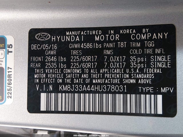 Hyundai TUCSON SE 2017 KM8J33A44HU378031 Image 9