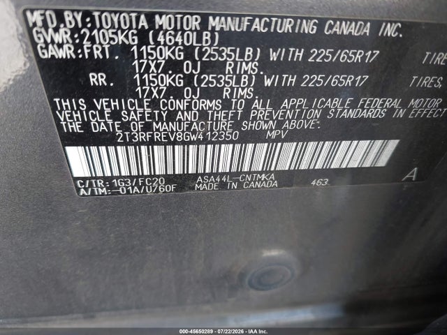2T3RFREV8GW412350 Toyota Rav4 Xle