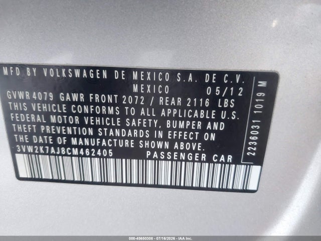 2012 Volkswagen Jetta 2.0l S მანქანა იყიდება აუქციონზე, vin: 3VW2K7AJ8CM462405, აუქციონის ნომერი: 45650308