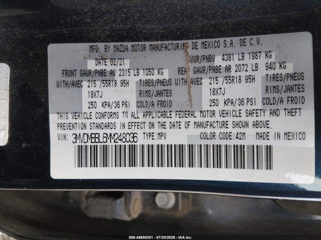 2021 Mazda Cx-30 Select მანქანა იყიდება აუქციონზე, vin: 3MVDMBBL6MM248036, აუქციონის ნომერი: 45650351