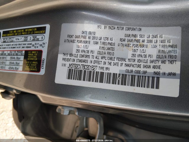 2011 Mazda Cx-9 Touring მანქანა იყიდება აუქციონზე, vin: JM3TB2CV7B0301627, აუქციონის ნომერი: 45650375