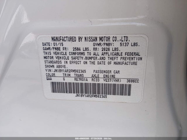 45650380 :رقم المزاد ، JN1BY1AR2FM562345 vin ، 2015 Infiniti Q70 3.7x مزاد بيع