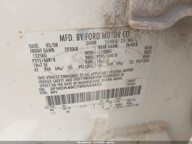 2008 Ford Edge Limited მანქანა იყიდება აუქციონზე, vin: 2FMDK49C78BA84923, აუქციონის ნომერი: 45650394