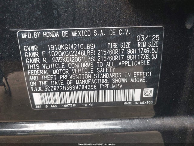 Продаж на аукціоні авто 2025 Honda Hr-v Awd Lx, vin: 3CZRZ2H36SM784296, номер лоту: 45650395