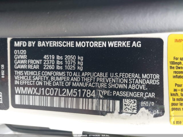Aukcja sprzedaży 2020 Mini Clubman Cooper S, vin: WMWXJ1C07L2M51784, numer aukcji: 45650408