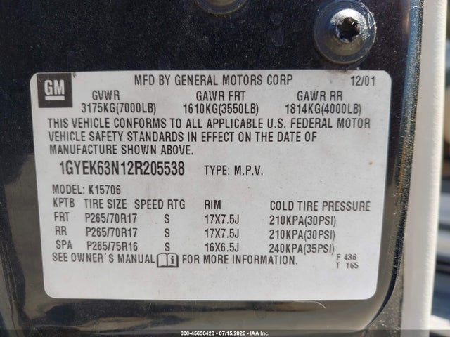Продаж на аукціоні авто 2002 Cadillac Escalade Standard, vin: 1GYEK63N12R205538, номер лоту: 45650420