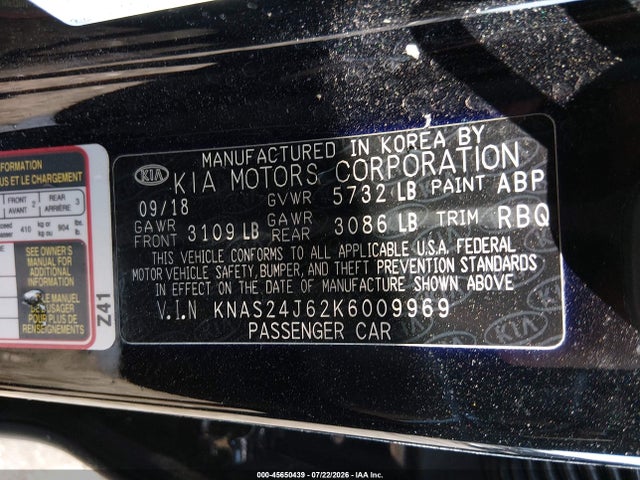 45650439 :رقم المزاد ، KNAS24J62K6009969 vin ، 2019 Kia K900 Luxury مزاد بيع