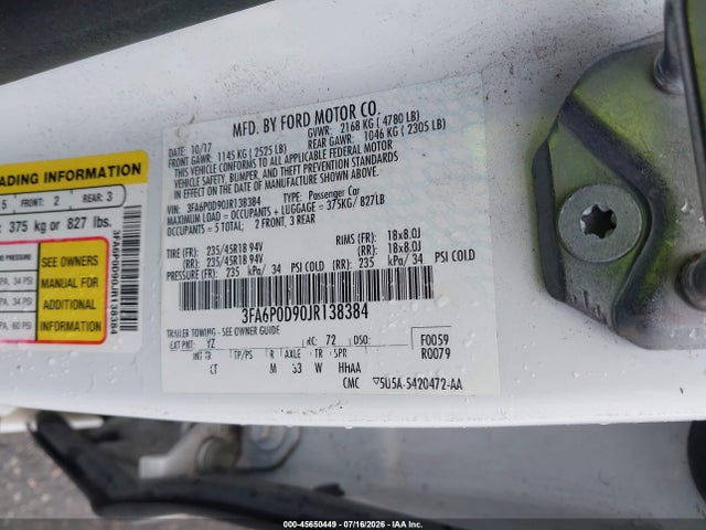 45650449 :رقم المزاد ، 3FA6P0D90JR138384 vin ، 2018 Ford Fusion Titanium مزاد بيع