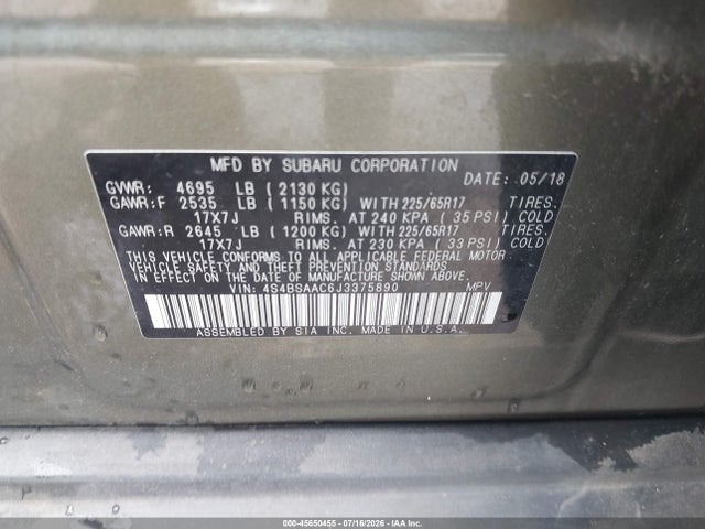 45650455 :رقم المزاد ، 4S4BSAAC6J3375890 vin ، 2018 Subaru Outback 2.5i مزاد بيع