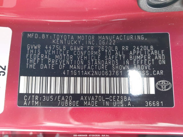 Toyota CAMRY SE 2022 4T1G11AK2NU063761 Image 9