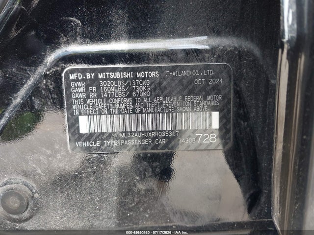 Aukcja sprzedaży 2024 Mitsubishi Mirage Es, vin: ML32AUHJXRH035317, numer aukcji: 45650460