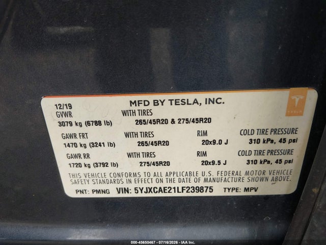 2020 Tesla Model X Long Range Dual Motor All-wheel Drive/long Range Plus Dual Motor All-wheel Drive მანქანა იყიდება აუქციონზე, vin: 5YJXCAE21LF239875, აუქციონის ნომერი: 45650467
