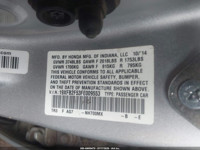 Продажа на аукционе авто 2015 Honda Civic Lx, vin: 19XFB2F53FE009553, номер лота: 45650470