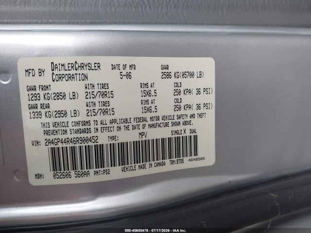 Aukcja sprzedaży 2006 Chrysler Town & Country Lx, vin: 2A4GP44R46R900452, numer aukcji: 45650476