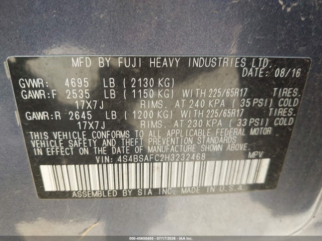 Aukcja sprzedaży 2017 Subaru Outback 2.5i Premium, vin: 4S4BSAFC2H3232468, numer aukcji: 45650485