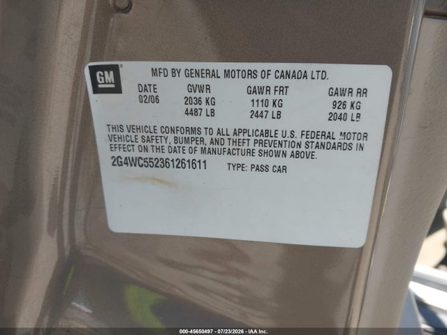 45650497 :رقم المزاد ، 2G4WC552361261611 vin ، 2006 Buick Lacrosse Cx مزاد بيع