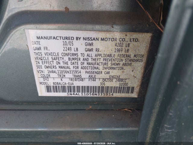 2006 Nissan Altima 2.5 S მანქანა იყიდება აუქციონზე, vin: 1N4AL11D56N335954, აუქციონის ნომერი: 45650508