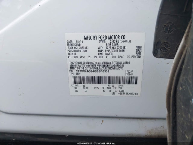 2FMPK4G94GBB16309 Ford EDGE SE