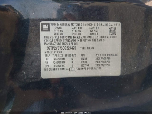 45650531 :رقم المزاد ، 3GTP2VE75CG224425 vin ، 2012 Gmc Sierra 1500 Sle مزاد بيع