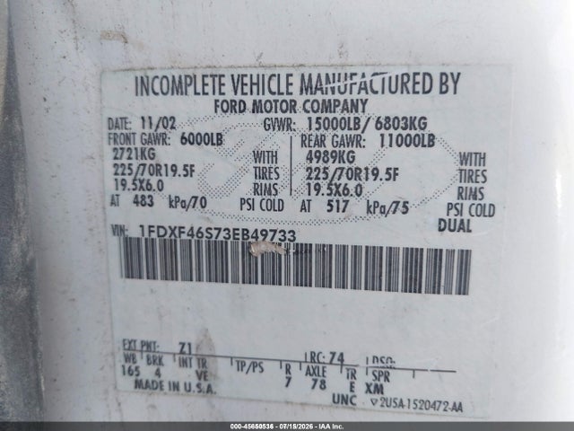 45650536 :رقم المزاد ، 1FDXF46S73EB49733 vin ، 2003 Ford F-450 Xl/xlt مزاد بيع