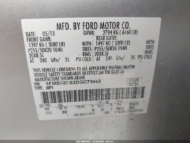45650542 :رقم المزاد ، 1FM5K8D82DGC79443 vin ، 2013 Ford Explorer Xlt مزاد بيع