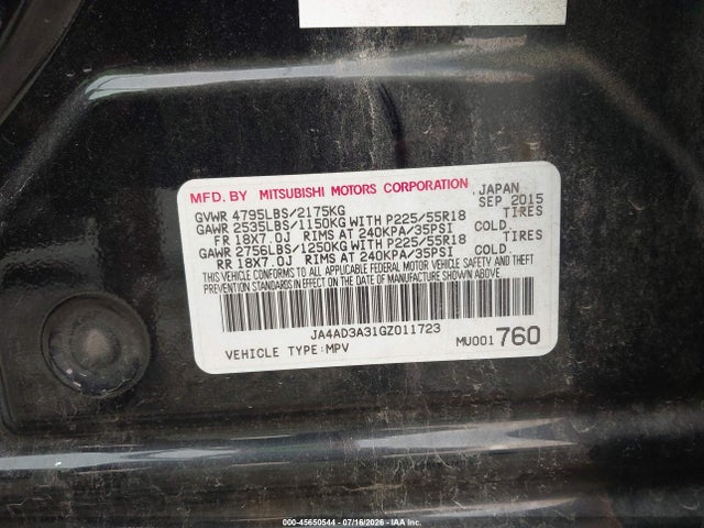 2016 Mitsubishi Outlander Se/sel მანქანა იყიდება აუქციონზე, vin: JA4AD3A31GZ011723, აუქციონის ნომერი: 45650544
