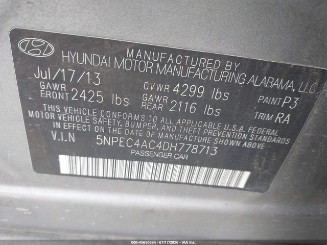 Продаж на аукціоні авто 2013 Hyundai Sonata Se, vin: 5NPEC4AC4DH778713, номер лоту: 45650564