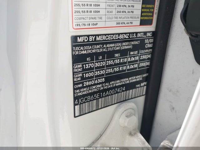 45650572 :رقم المزاد ، 4JGCB65E16A007424 vin ، 2006 Mercedes-benz R 350 4matic مزاد بيع