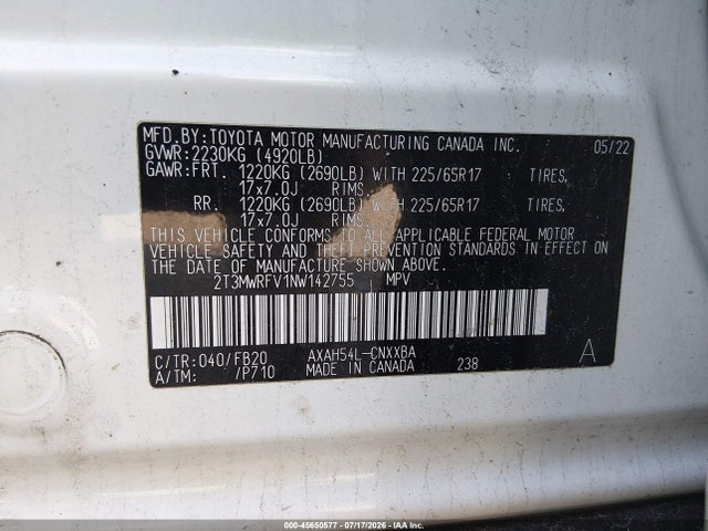 2022 Toyota Rav4 Hybrid Le მანქანა იყიდება აუქციონზე, vin: 2T3MWRFV1NW142755, აუქციონის ნომერი: 45650577