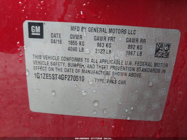 45650605 :رقم المزاد ، 1G1ZE5ST4GF270510 vin ، 2016 Chevrolet Malibu 1lt مزاد بيع