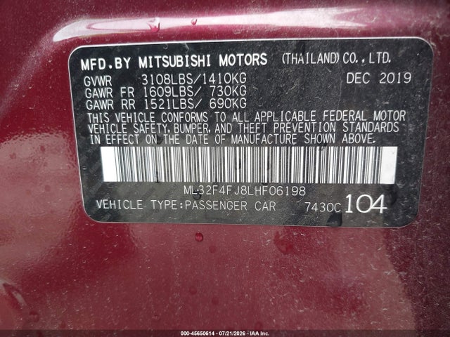 2020 Mitsubishi Mirage G4 Le მანქანა იყიდება აუქციონზე, vin: ML32F4FJ8LHF06198, აუქციონის ნომერი: 45650614