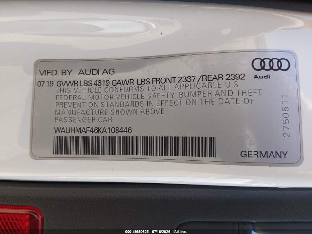 2019 Audi A4 40 Premium მანქანა იყიდება აუქციონზე, vin: WAUHMAF46KA108446, აუქციონის ნომერი: 45650625