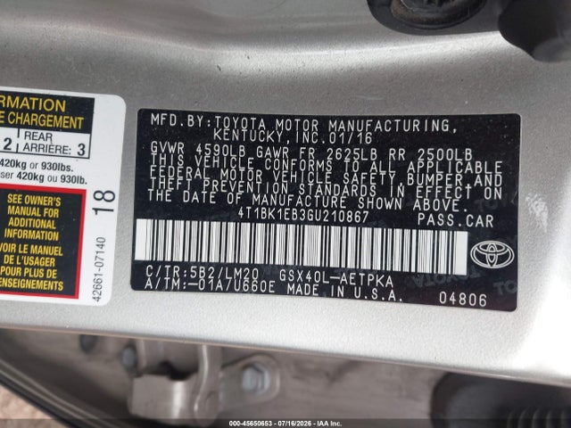 2016 Toyota Avalon Limited მანქანა იყიდება აუქციონზე, vin: 4T1BK1EB3GU210867, აუქციონის ნომერი: 45650653