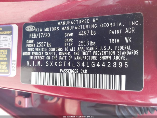 45650659 :رقم المزاد ، 5XXGT4L34LG442396 vin ، 2020 Kia Optima S مزاد بيع