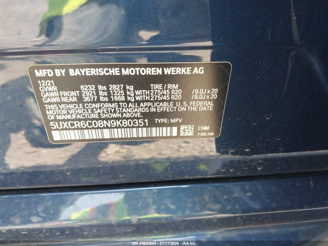 Aukcja sprzedaży 2022 Bmw X5 Xdrive40i, vin: 5UXCR6C08N9K80351, numer aukcji: 45650660