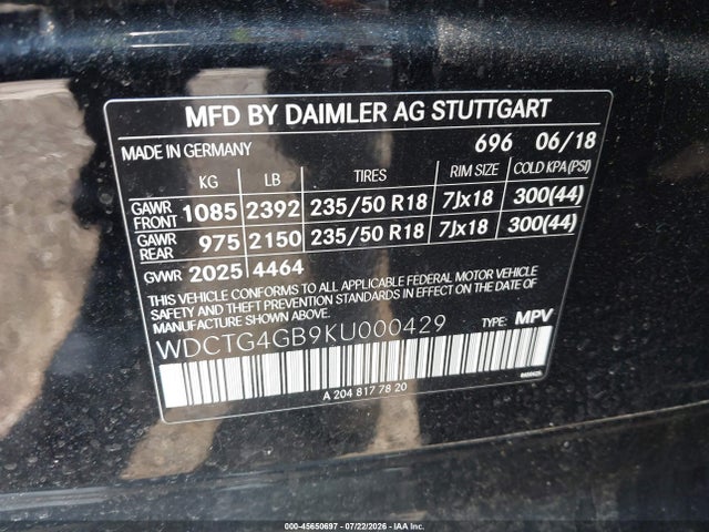 Aukcja sprzedaży 2019 Mercedes-benz Gla 250 4matic, vin: WDCTG4GB9KU000429, numer aukcji: 45650697