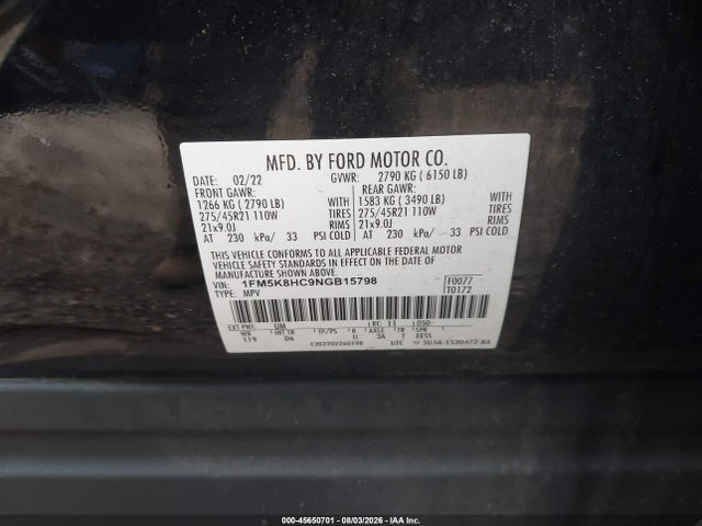 Aukcja sprzedaży 2022 Ford Explorer Platinum, vin: 1FM5K8HC9NGB15798, numer aukcji: 45650701