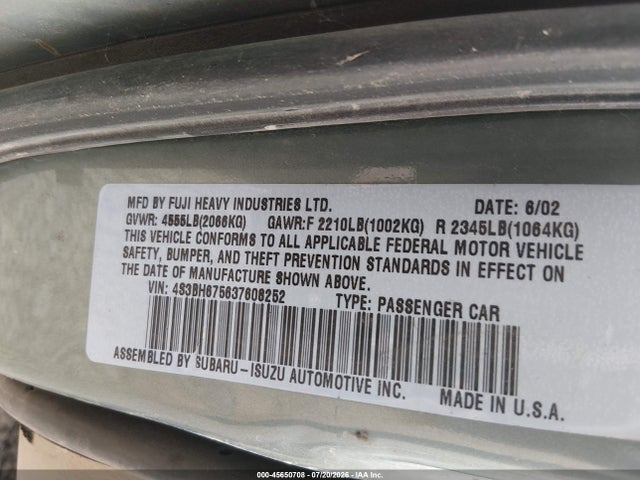 2003 Subaru Outback მანქანა იყიდება აუქციონზე, vin: 4S3BH675637608252, აუქციონის ნომერი: 45650708